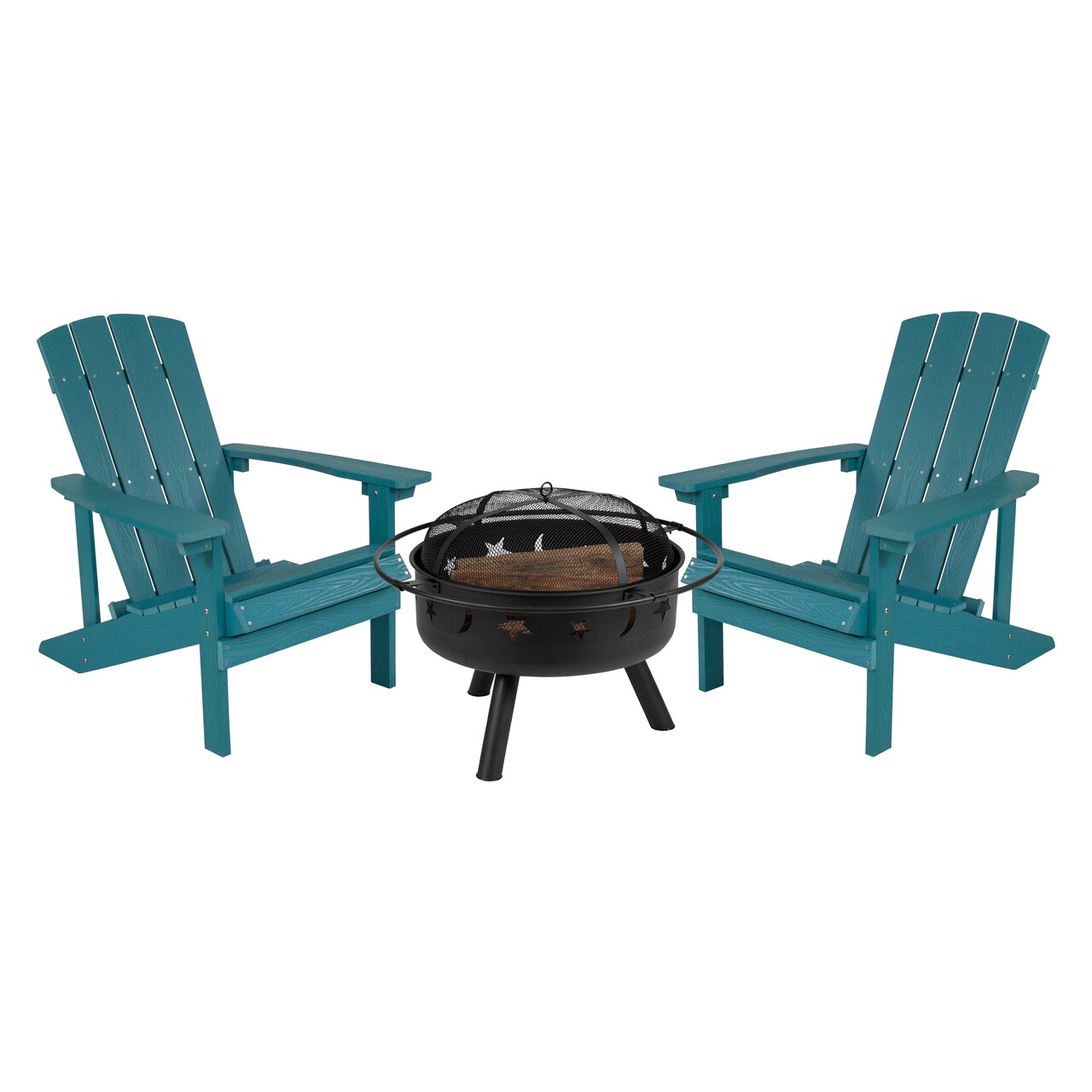 Merrick Lane Ayala 3 Piece Outdoor Leisure Set with Set of 2 Poly Resin Adirondack Chairs and Star and Moon Iron Fire Pit